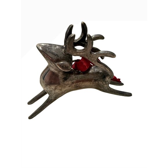 Vtg Pottery Barn Silver-Plated Reindeer Figurine Red Ribbon holiday tree decor - Picture 2 of 9
